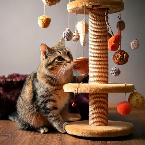 Un gato explorando un árbol rascador lleno de juguetes