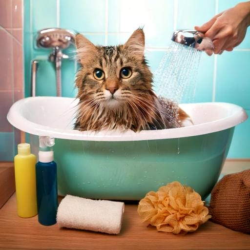 Un gato siendo bañado en una bañera con productos de higiene felina